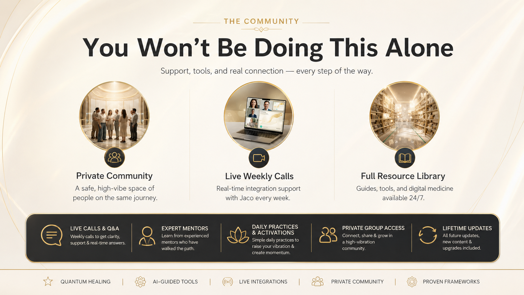 You won't be doing this alone — private community, live weekly calls, full resource library.